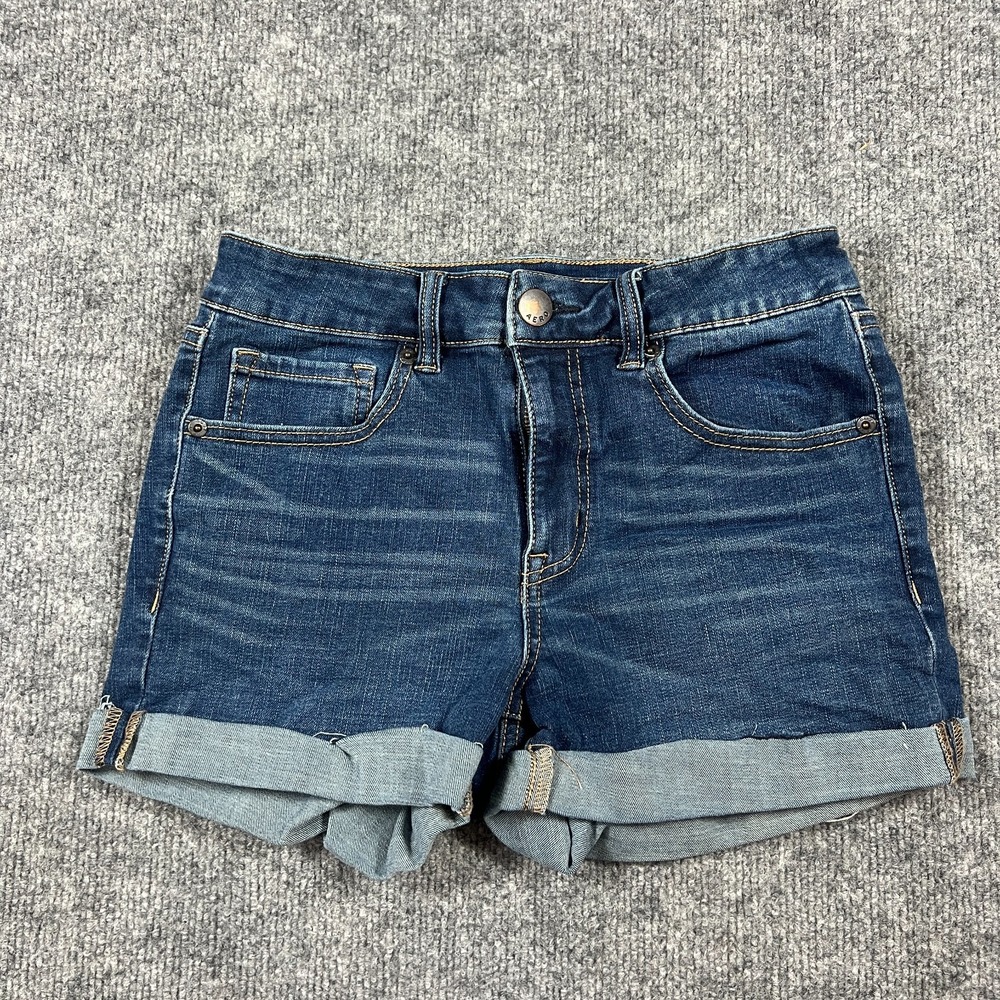 Aeropostale High Rise Midi Cuffed Shorts Womens 4 Blue Cotton Stretch Weekend